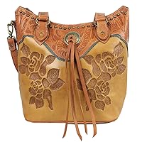 Leather - Multi Compartment Tote Bag -Purse Holder Bundle (Golden Tan - Vertical w Feathers)
