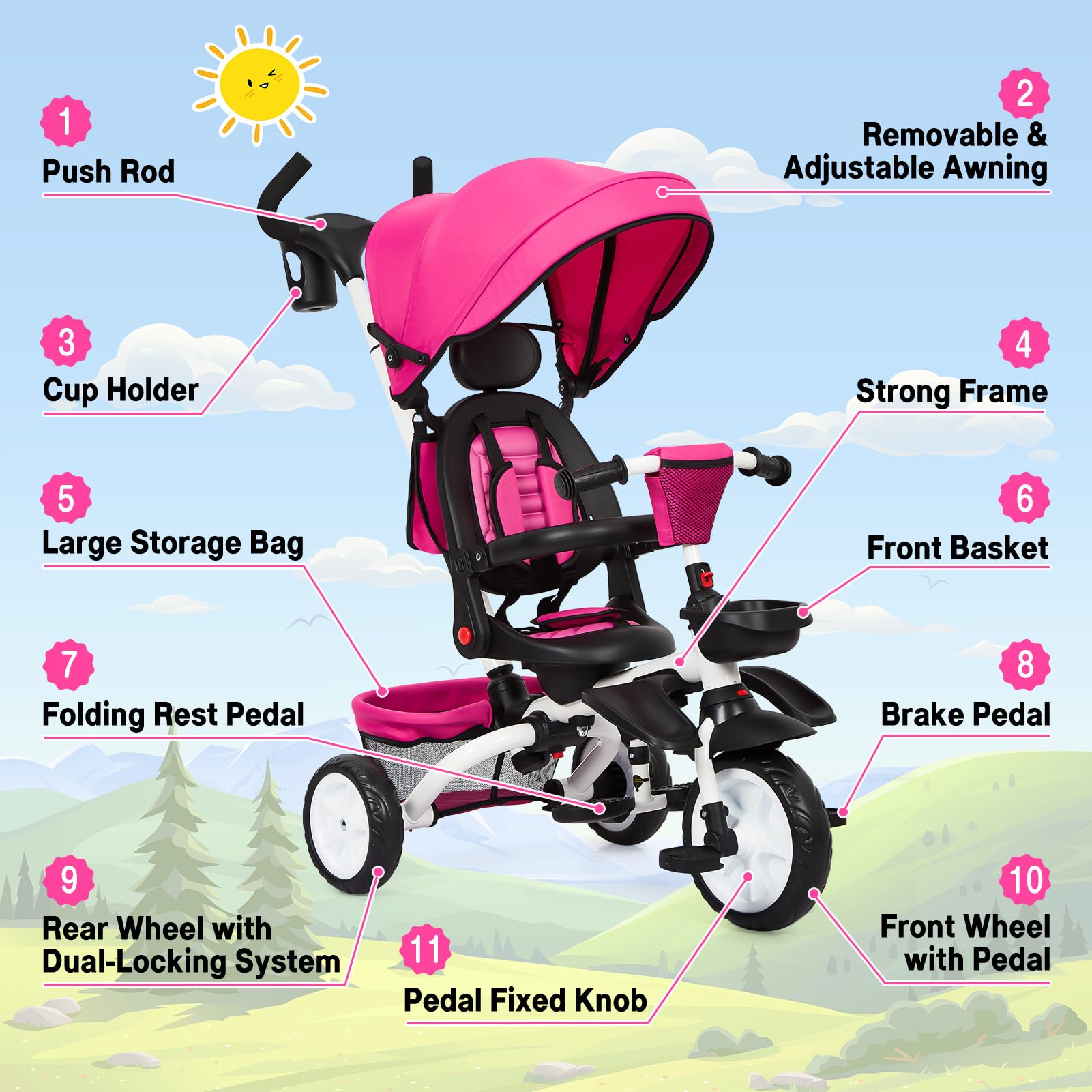 Babevy Baby Tricycle, 7 in 1 Folding Toddler Bike w/Removable Adjustable Push Handle, Canopy, Rotatable Seat, Safety Harness, Cup Holder & Storage, Trike for 1-5 Year Old (Rose)
