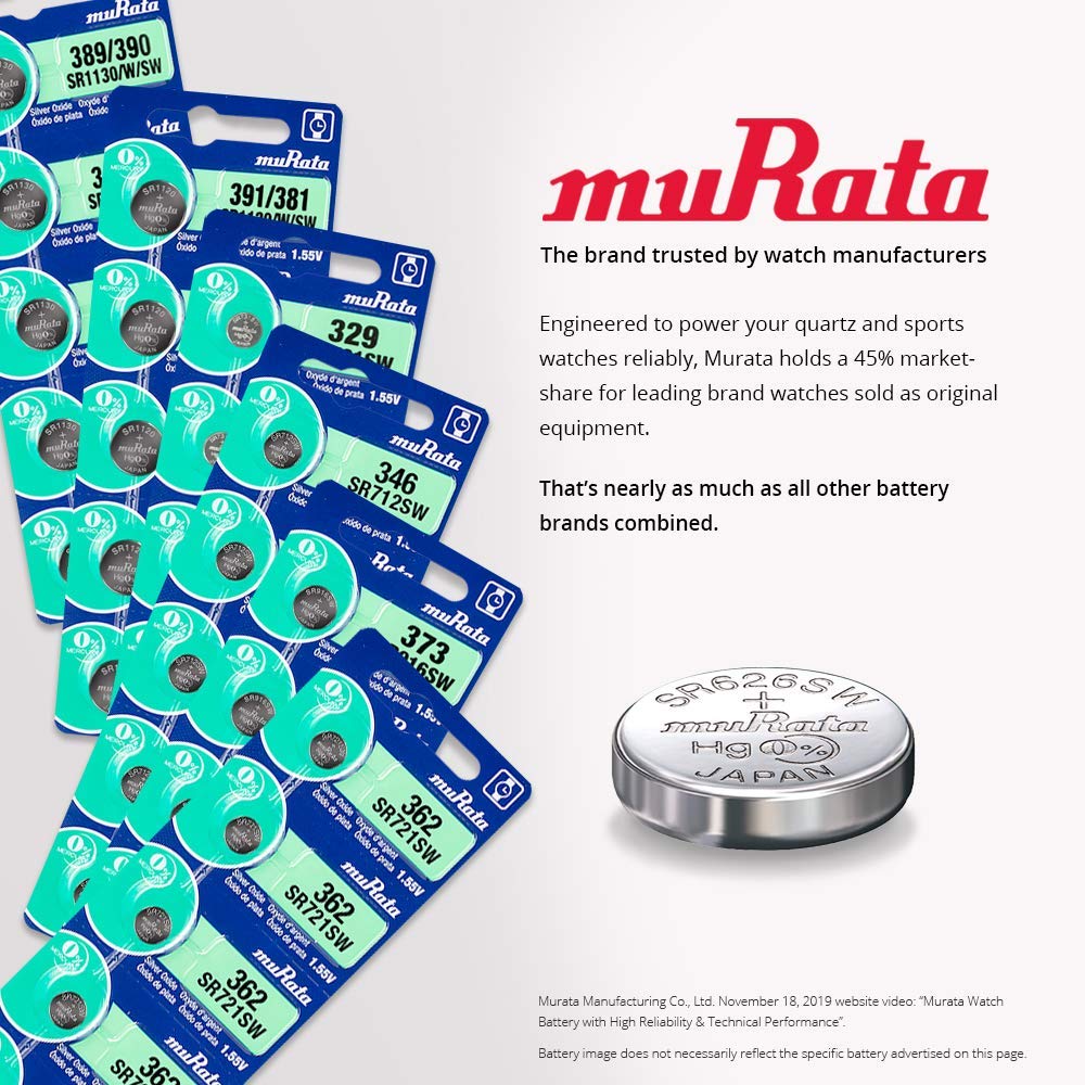 Murata 377 Battery SR626SW 1.55V Silver Oxide Watch Button Cell (100 Batteries)