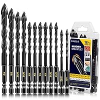 12-PCS Concrete Drill Bit Set & Masonry Drill Bit Set, Cement Drill Bits for Concrete Brick Wall, Tile Glass Ceramic, Masonry Drill Bit 1/8 to 1/2 inch Industrial Strength Carbide Cross Drill Bit Tip