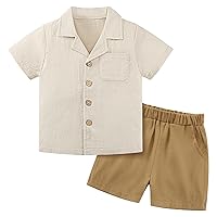 Weixinbuy Baby Boy Clothes Set Toddler Summer Outfit Cotton Linen Short Sleeve T-shirt Top Pocket Button-Down Shirt Short Set