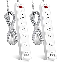 6 Ft Extension Cord, Power Strip Surge Protector - QINLIANF 6 AC Outlets and 3 USB Charging Ports, Flat Plug for Home, Office, Dorm Essentials, 1680 Joules, ETL Listed, White, 2Pack
