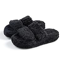 Women's Fuzzy Slippers Adjustable Open Toe House Shoes Faux Fur Sandals Indoor Outdoor Platform Slipper