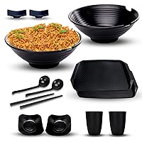 14 PCS Ramen Bowl set – 42oz Melamine bowl, Chopsticks with stands, Spoons, glass, tray set, and sauce plates for Noddle, Pho and Asian Dishes