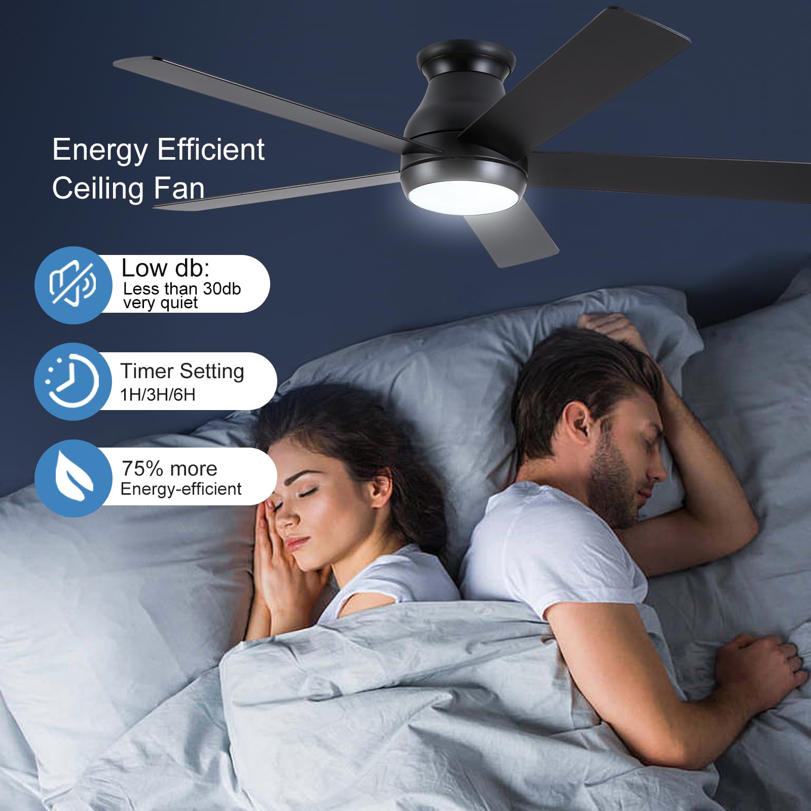POCHFAN 52 Inch Low Profile Ceiling Fans With Lights and Remote, LED Flush Mount Black Ceiling Fan with Quiet DC Motor, Dimmable 6 Speeds Reversible Modern Ceiling Fan for Bedroom, Living Room