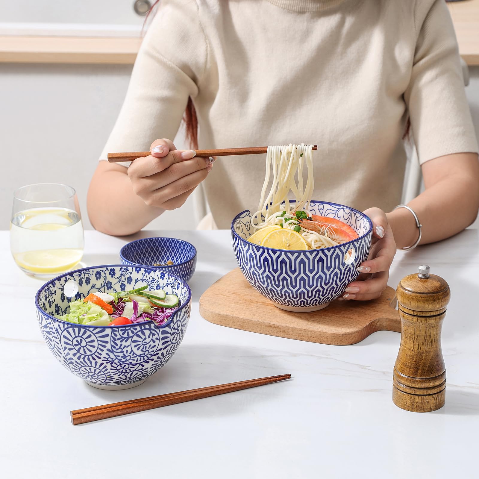 Selamica Ceramic Ramen Bowls Set, 15 OZ Noodle Bowls for Kitchen with Chopsticks, Deep Soup Bowls for Japanese Ramen Udon Soba, Microwave Dishwasher Safe, Gift, Set of 4, Vintage Blue