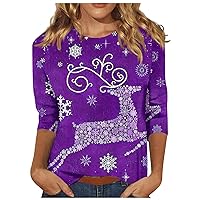Christmas Vacation Shirt Women's Fashion Casual 3/4 Sleeve Christma Print Stand Collar Pullover Top