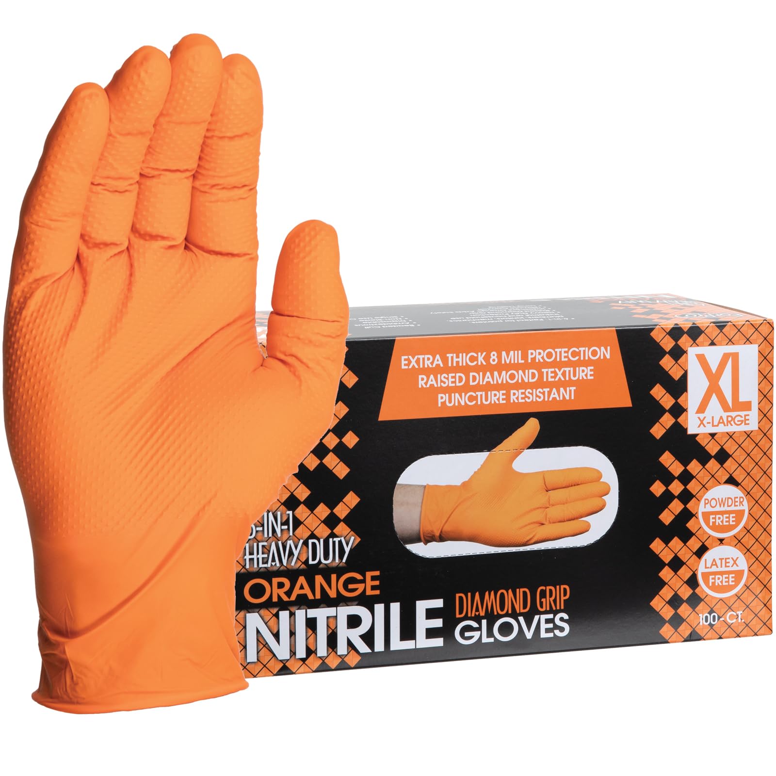 ForPro Heavy Duty Disposable Nitrile Gloves, Orange, 8 Mil, Industrial Grade, Raised Diamond Grip, Latex-Free, 100-Count