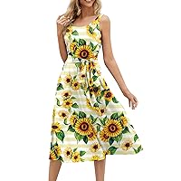Clearance Dresses for Women 2024 Trendy Summer Beach Cotton Sleeveless Tank Dress Wrap Knot Dressy Casual Sundress with Pocket Today(4-Yellow,Medium)