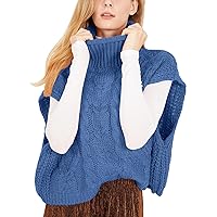 Flygo Womens Turtleneck Cable Sweater Vest Knit Oversized Loose Fit Solid Pullover Sweaters Cap Sleeve Crop Tops(Blue-S)
