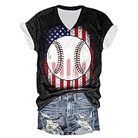 Baseball American Flag Print Shirts Women Short Sleeve V Neck Tee Tops 4th of July Baseball Mom Gift Casual Blouse