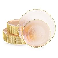 Exquisite Tinted Plates 80 Piece Plastic Disposable Plates for Party Set For 40 Guests 40 X 7.5 Dessert Plates & 40 X 10 Thin Delicate Fancy Plastic Plates Disposable Dinnerware Rose Gold Rim