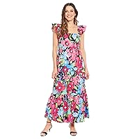 London Times Women's Elastic Ruffle Sleeve Square Neck Maxi Dress Easy Summer Fun Vacation