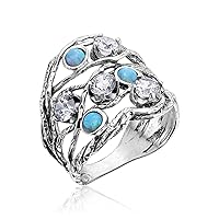 925 Sterling Silver Ring With 3 Blue Round Opal and 4 White Round Cubic Zirconia, Boho Chic Vintage Look, Hypoallergenic, Nickel and Lead-free, Artisan Handcrafted Designer collection, Made In Israel