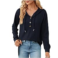 Women's Fall Hooded Tops Lightweight Hoodie Plain Drawstring T-Shirt Waffle Long Sleeve Blouse Dressy Henley Shirt