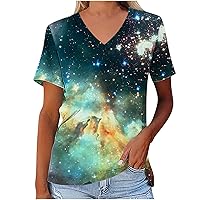 Womens Space Galaxy Nebula V-Neck T-Shirt 3D Print Short Sleeve Shirts Summer Dressy Casual Blouse Loose Tunic Tops