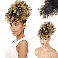 ENTRANCED STYLES Drawstring Ponytail with Bangs Afro Puff Ponytail Extensions for Women Short Curly Puff Ponytail with Bangs Clip in Wrap Updo Hairpiece for Women (T27)