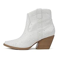 Soda “Shelby” ~ Women Pointed Toe Rhinestone Low Heel Western Ankle Boot with Side Zipper