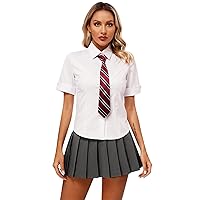 ACSUSS Women's School Girl Uniforms Short Sleeve Shirt Tie with Plaid Pleated Skirts