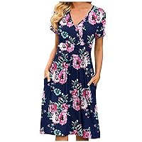 Women's Swing Casual Loose-Fitting Summer Short Sleeve Knee Length Solid Color Beach Flowy V-Neck Glamorous Dress