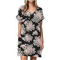Women's Casual Loose-Fitting Summer V-Neck Trendy Glamorous Dress Swing Print Short Sleeve Knee Length Beach Flowy Khaki