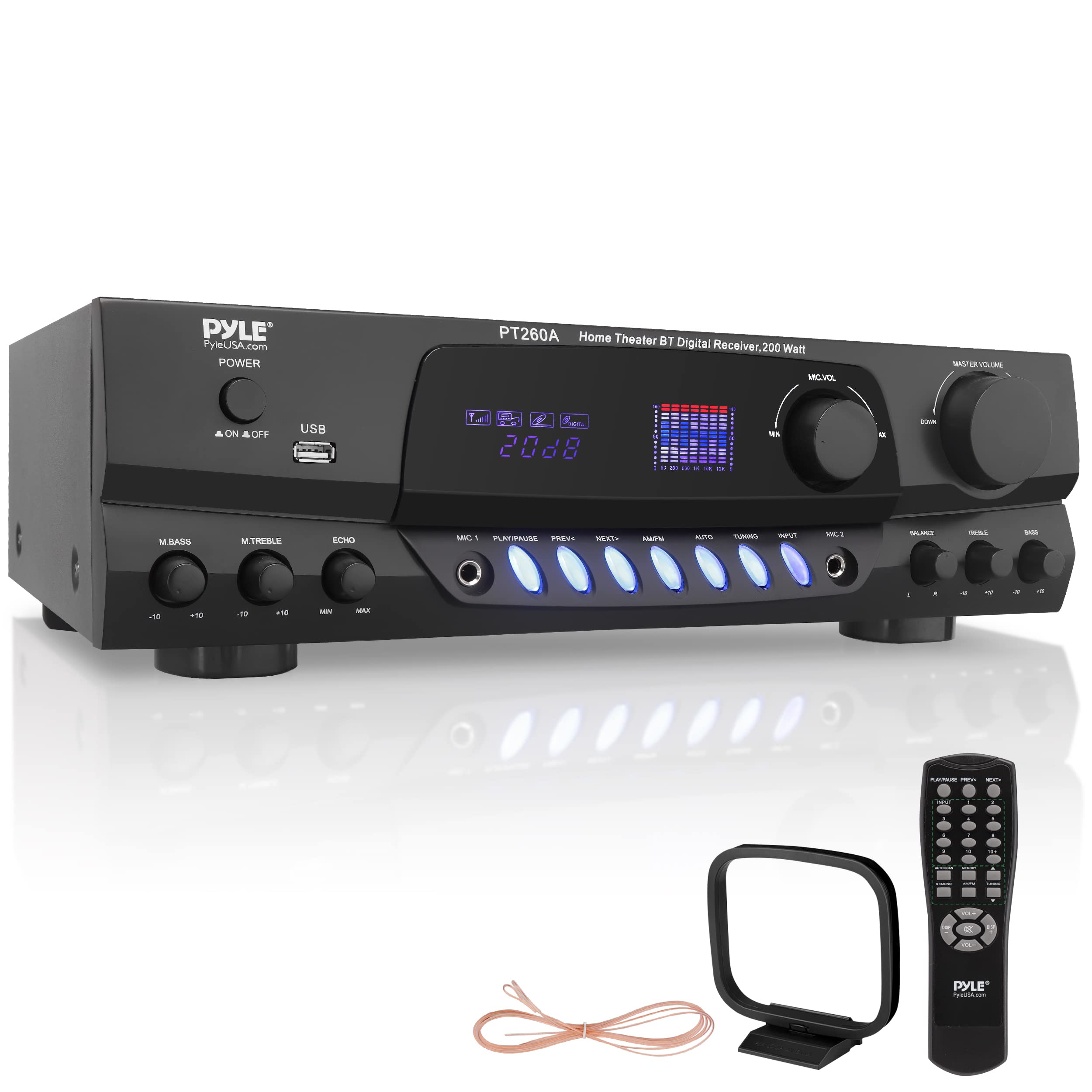 Pyle 200W Home Audio Power Amplifier - Stereo Receiver w/AM FM Tuner, 2 Microphone Input w/Echo for Karaoke, Great Addition to Your Home Entertainment Speaker System - PT260A, Black, 17 inches