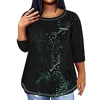 Short Sleeve Tunic Tops for Women Plus Size Tops for Women 2024 Sparkly Casual Fashion Loose Fit Trendy with 3/4 Length Sleeve Round Neck Shirts Dark Green 4X-Large
