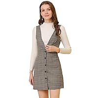 Allegra K Women's Jumper Skirt, Suspender Skirt, Checkered Pattern, Houndstooth Button, Front