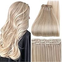 Full Shine Clip in Hair Extensions Highlight Blonde Human Hair Extensions Double Weft Ash Blonde And Platinum Blonde Invisible Clip in Extensions for Women Natural Ends 3Pcs 20Inch