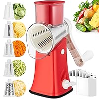 5 in 1 Cheese Grater, Cheese Grater Hand Crank,Rotary Cheese Grater, Replaceable Stainless Blades Cheese Shredder, Mandoline Slicer, Easy to Clean Rotary Grater with Storage Box