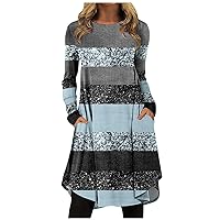 Long Sleeve Dress for Women Fashion Casual Spring Plaid Pattern Printed Round Neck Pullover Loose Plus Size Dresses