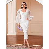Women Dresses Ruched Sweetheart Neck Contrast Mesh Lantern Sleeve Split Back Bodycon Dress (Color : White, Size : Medium)