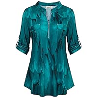 BEPEI Womens Floral 3/4 Sleeve Shirts Zip up V Neck Work Chiffon Blouses Top