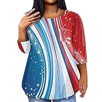 Girls 4Th of July Shirt, Plus Size Summer Outfits Going Out Tops for Women Women's Casual Independence Day Printing Blouse 3/4 Sleeve Shirt Fashion Round Neck Summer Plus Size (Light Blue,5X-Large)