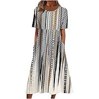 Boho Summer Flowy Short Sleeve Dress Women Evening Cool Graphic Cotton Crew Neck Pleated Tunic Dress Woman.