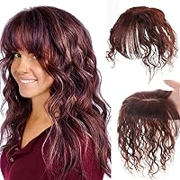 Real Human Hair Silk Base Topper With Bangs Extension Natural Wavy Middle Part Clip in Hairpiece (7x10cm,20cm/Brown)