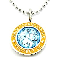 St. Christopher Surf Medal Necklace Pendant, Protector of Travel am-ye Aquamarine Blue-Yellow Small