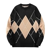 Men Sweater Knitted Loose Casual Mens Pullover Argyle Vintage Pattern Long Sleeve Male Autumn Winter Sweaters