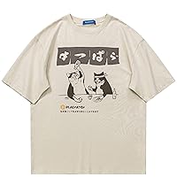 Streetwear Japanese Harajuku T-Shirt Funny Drunk Cats Printed Men Casual Cartoon Graphic Tee Shirt (Beige, X-Large)
