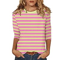 Women 2024 Fashion Striped Tops 3/4 Length Sleeve Shirt Casual Crewneck Tee Blouses Three Quarter Sleeve T Shirts