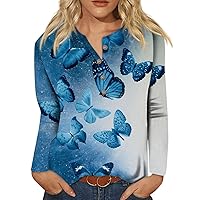 Womens Long Sleeve T Shirts Cute Butterfly Printed Shirt Button Up Crew Neck Tops Loose Fit Versatile Sweatshirt