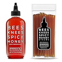 Bees Knees Spicy Honey Sauce + Sticks Set, Wildflower Honey Mixed with Habanero Peppers, 12.5 Ounce Bottle + 50 Sticks