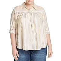 Womens Ivory Pleated Curved Hem Striped Roll-tab Sleeve Collared Button Up Top Plus 3X