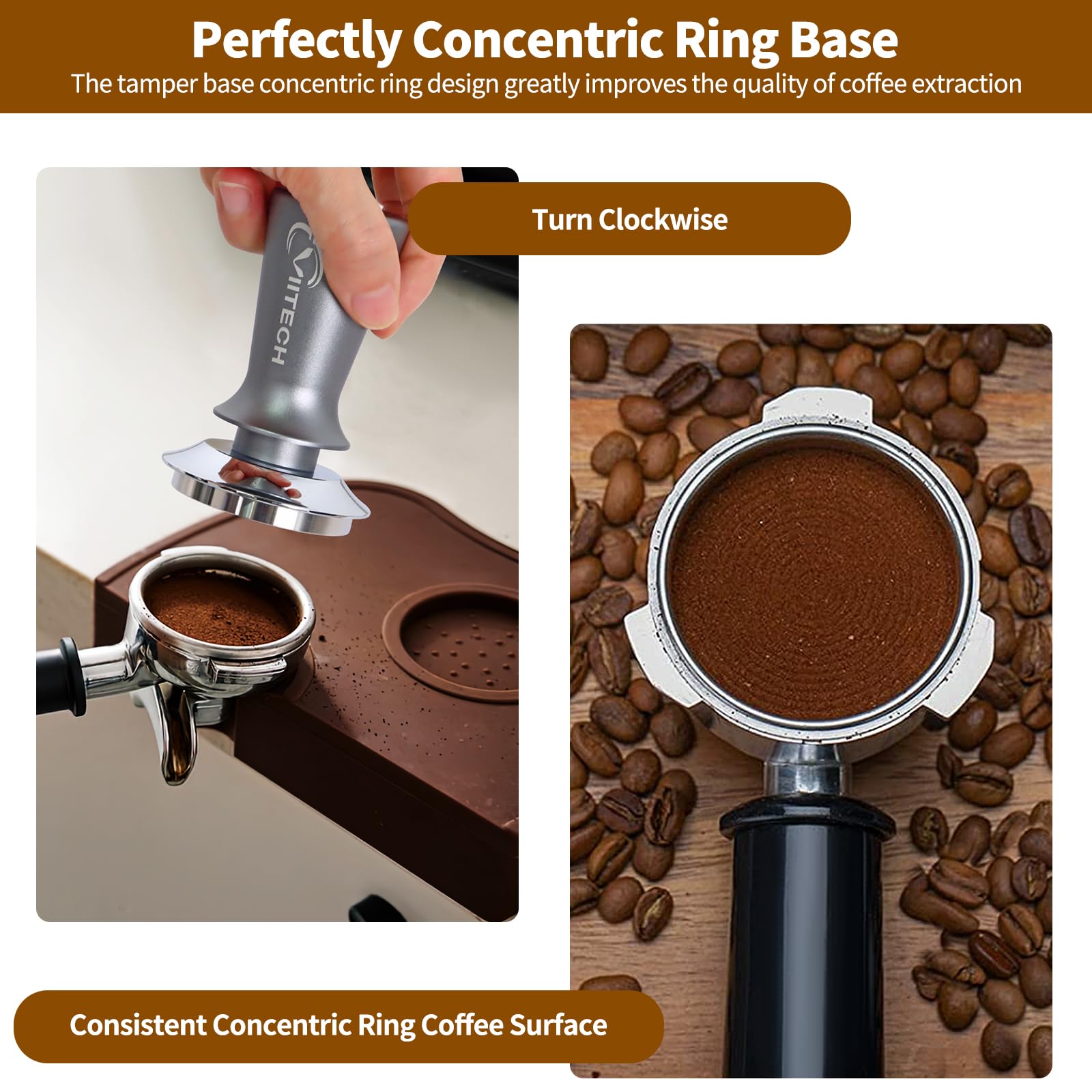 Espresso Tamper, Viitech 58mm Coffee Tamper for Espresso Machine, Premium Calibrated Tamper with Spring Loaded, Stainless Steel Flat Ripple Base, Constant 30lb Hand Tamper Tools for Home Barista