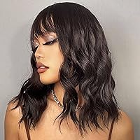 Short Bob Wigs Natural Brown Wavy Wig With Air Bangs Women's Shoulder Length Wigs Curly Wavy Synthetic Cosplay Wig Pastel Bob Wig for Girl Colorful Wigs