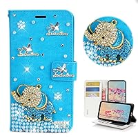 STENES Bling Wallet Phone Case Compatible with LG V60 ThinQ - Stylish - 3D Handmade Elephant Butterfly Glitter Magnetic Wallet Magnetic Wallet Stand Leather Cover Case - Blue