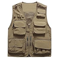 Flygo Men's Casual Lightweight Outdoor Fishing Work Safari Travel Photo Cargo Vest Jacket Multi Pockets(Large, Khaki)