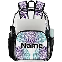 Boho Personalized Clear Backpack Custom Large Clear Backpack Heavy Duty PVC Transparent Backpack with Reinforced Strap, Colorful Vintage Floral Mandala Boho
