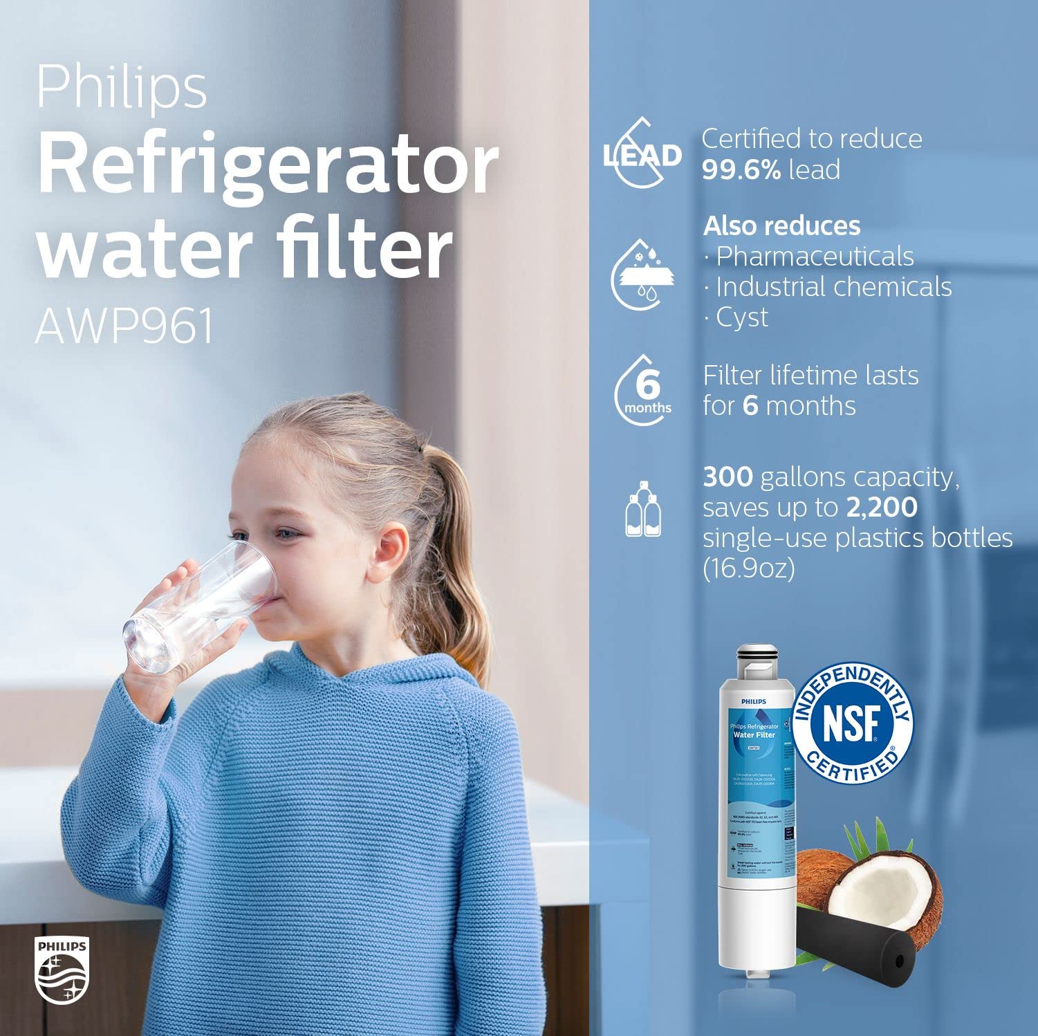 Philips AWP961 NSF/ANSI Certified Refrigerator Water Filter Replacement for Samsung DA29-00020B, HAF-CIN/EXP, DA97-08006A/B, DA29-00019A, 46-9101, RFG298HDRS, RS25J50, RF263TEAES, RF4287HARS
