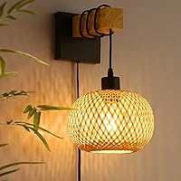Farmhouse Rattan Plug in Wall Sconces, Rustic Hand-Woven Bamboo Shade & Wood Beam Wall Light Fixtures, Rattan Bamboo Wall Lamp for Bedroom Bedside, Living Room Wall Art Decor(No Bulbs)